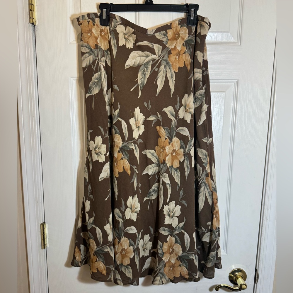 🌿 Vintage Jones New York Brown Floral Midi 100% Silk Skirt